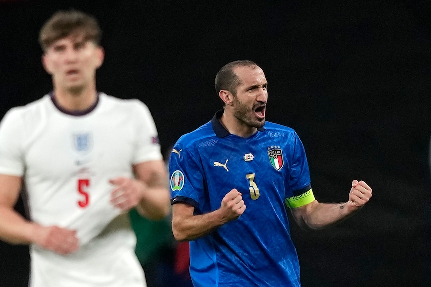 Giorgio Chiellini celebrates with John Stones in the foreground.