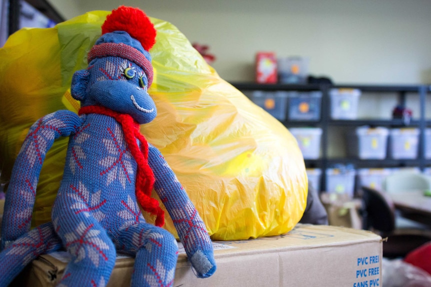 A knitted monkey toys sits on one of the many boxes in Ms Baird's working space.