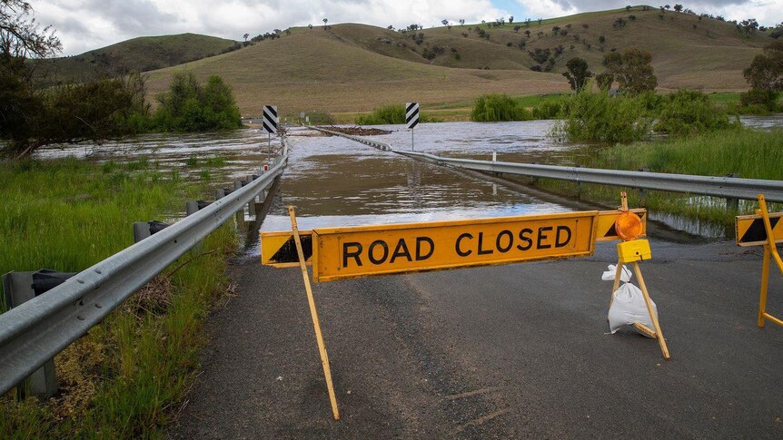 A sign saying "road closed" in front of a flooded road.