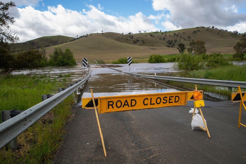 A sign saying "road closed" in front of a flooded road.
