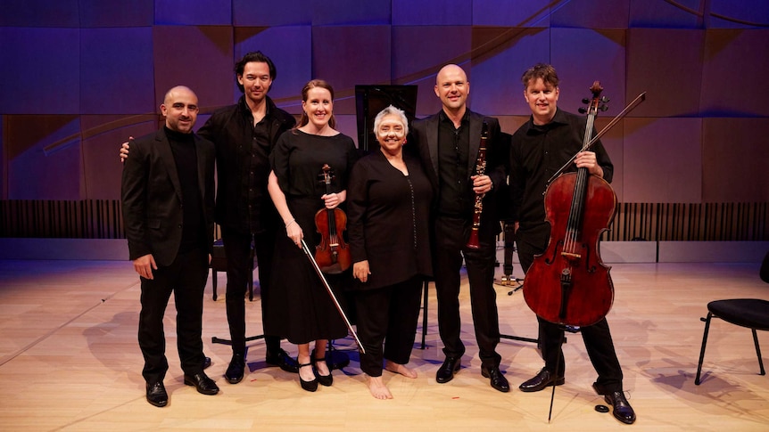 First Nations singer and composer Dr. Lou Bennett and the five members of the Omega Ensemble in the Primrose Potter Salon.