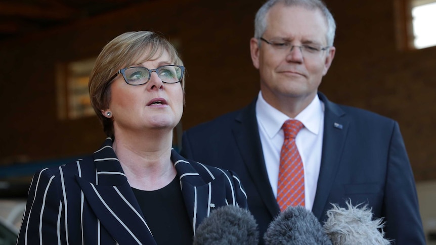 Linda Reynolds speaks at a doorstop as the PM Scott Morrison stands behind her grinning