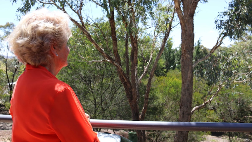 A woman looks off her balcony and into the bush.