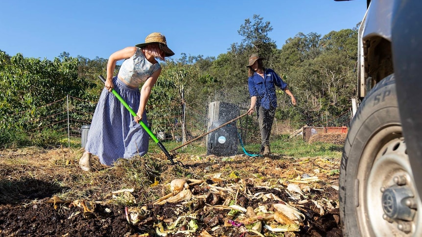 Alice and Phil tend their worm farm with rakes, spreading our organic waste into the soil