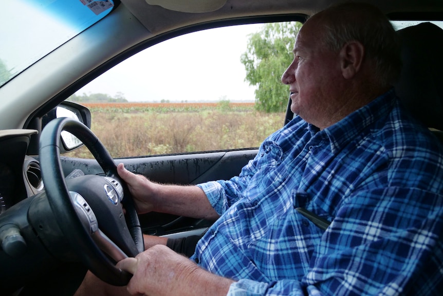 Larry Daniels in his ute as he drives past a sorghum crop