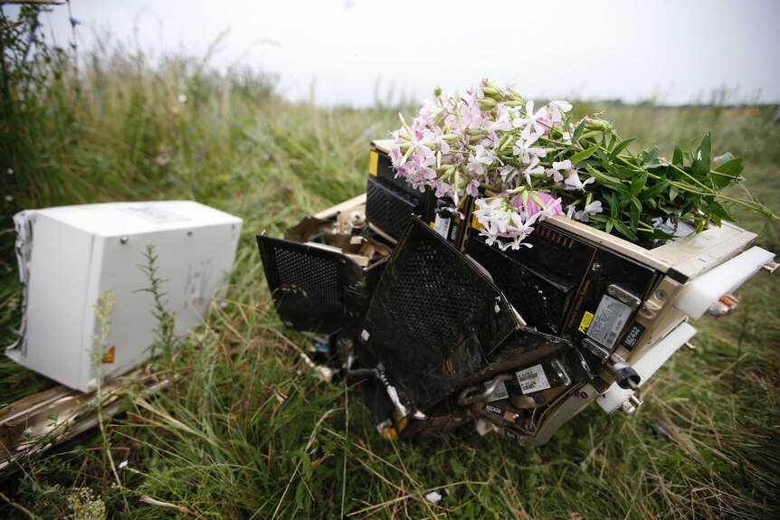 Flowers lie on debris at MH17 crash site
