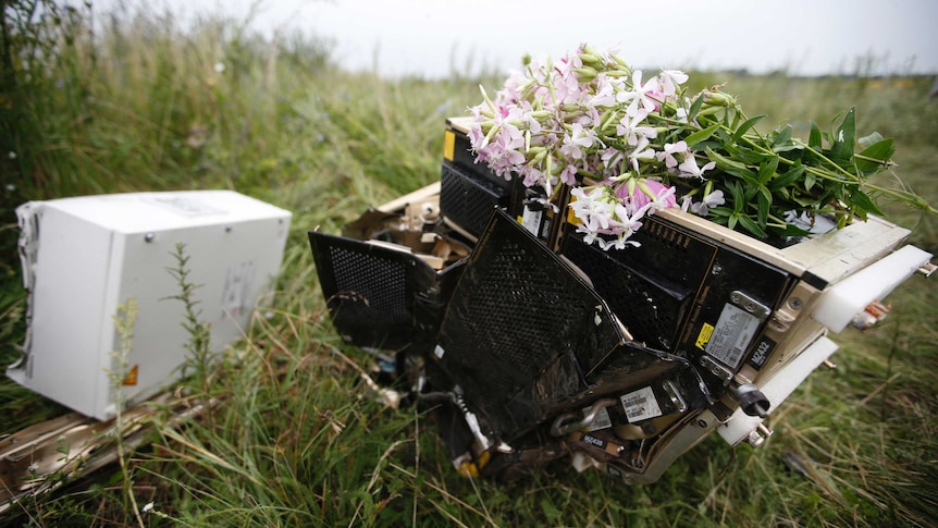 Flowers lie on debris at MH17 crash site