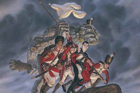 Soldiers dressed in red coats lift a pair of underwear like a flag.