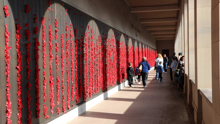 Photo of red poppies placed in Roll of Honour at the Australian War Memorial in Canberra.