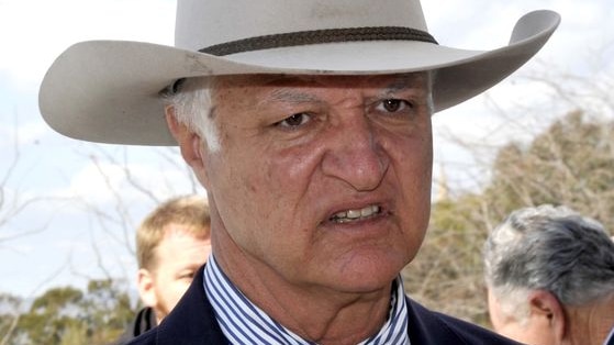 An image of Federal MP Bob Katter giving a press conference in the bush.