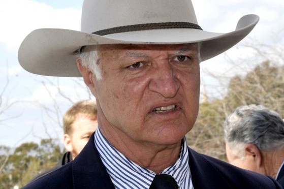 An image of Federal MP Bob Katter giving a press conference in the bush.
