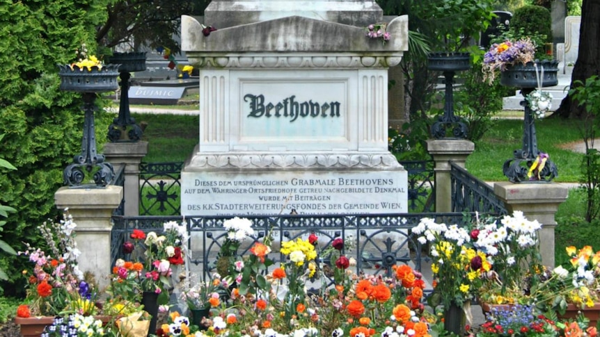 The grave of Beethoven, surrounded by flowers