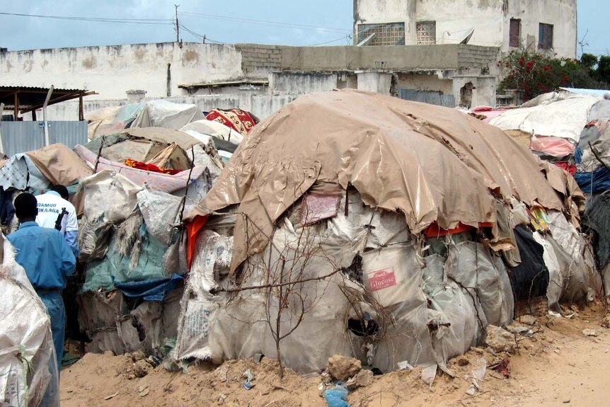 Makeshift tents sit in Al Adullah camp in Mogadishu.