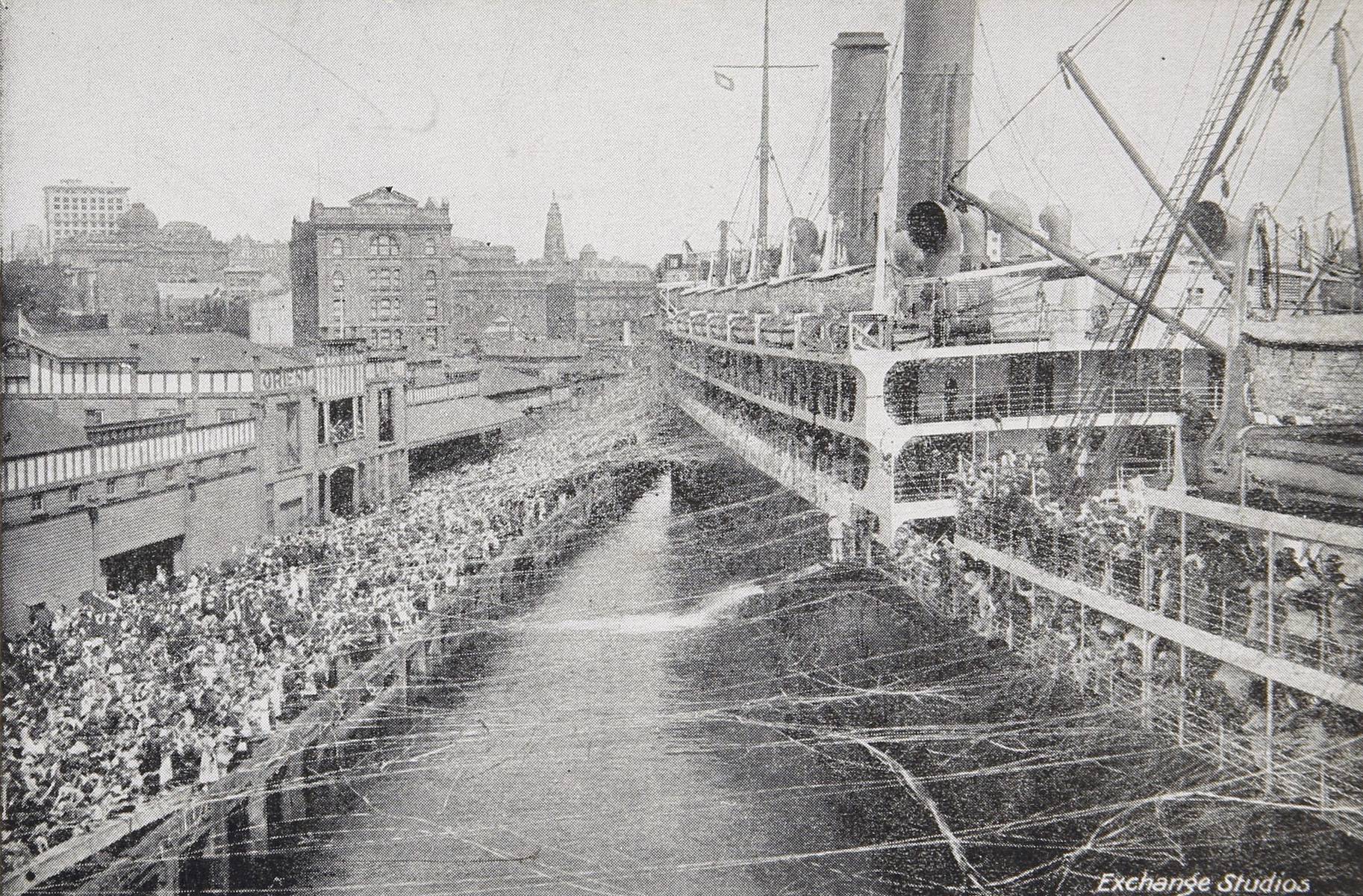 A large ocean liner departs Sydney harbour with streamers and fanfare. 