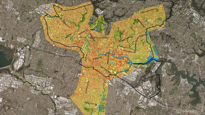 Aerial view of Parramatta showing the heat signatures of different suburbs.