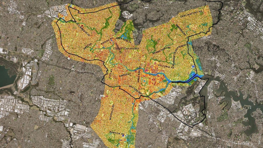 Aerial view of Parramatta showing the heat signatures of different suburbs