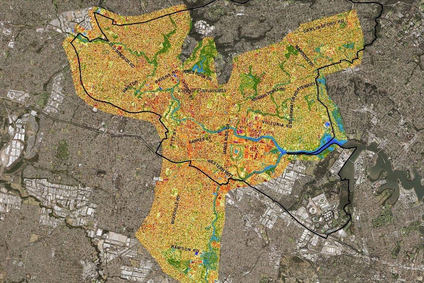 Aerial view of Parramatta showing the heat signatures of different suburbs