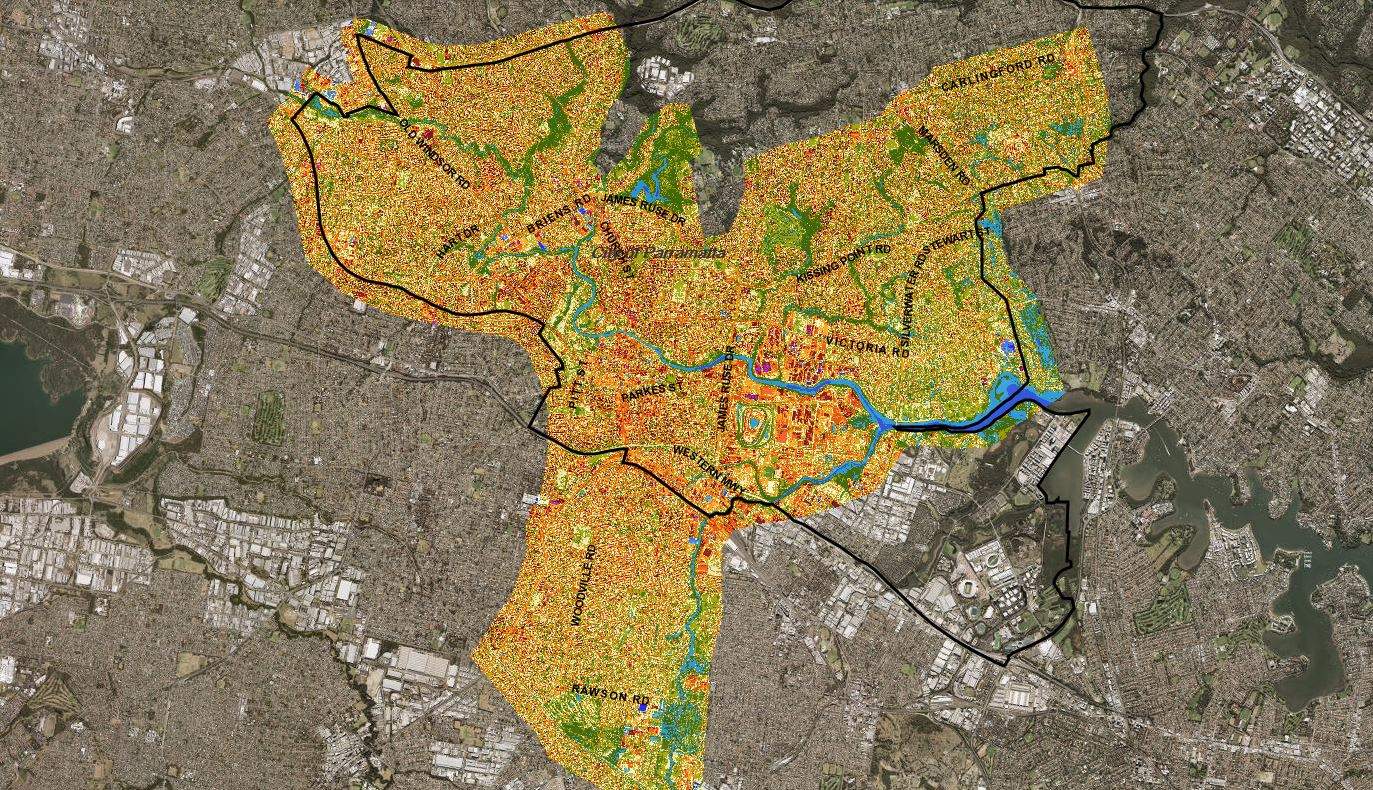 Aerial view of Parramatta showing the heat signatures of different suburbs