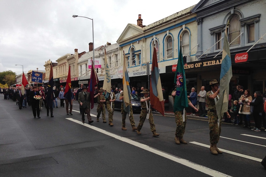 Australians march in the Anzac Day parade in Launceston, Tasmania.