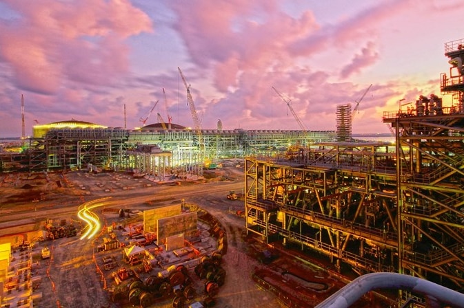 The sun rises at Inpex's Ichthys LNG site at Bladin Point near Darwin.