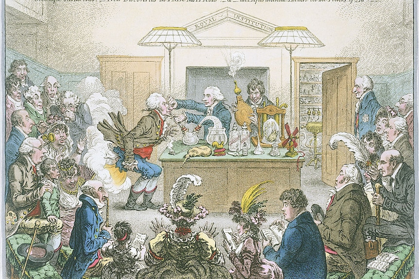 An illustration of Humphry Davy conducting a laughing gas experiment