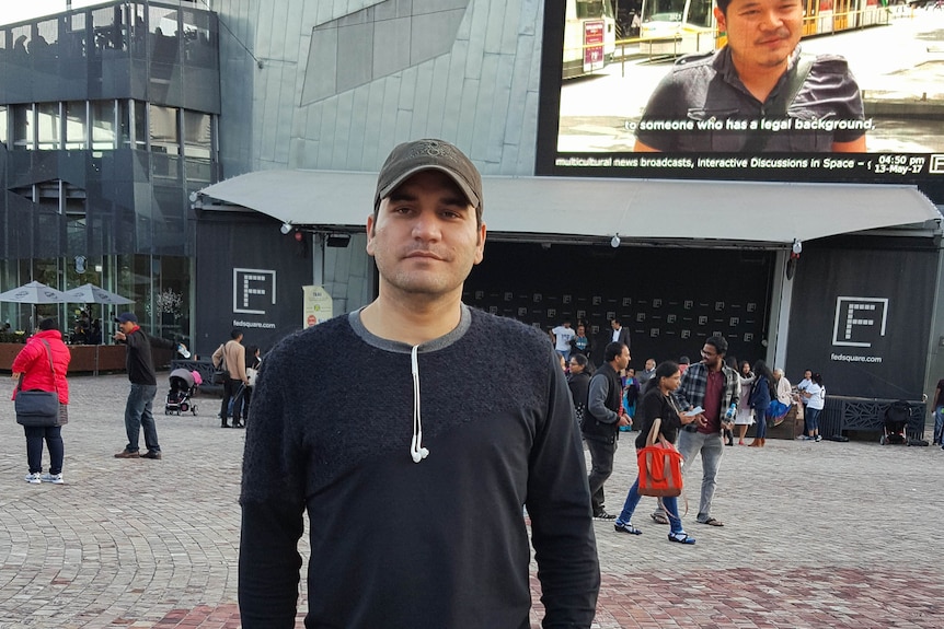 Samar stands in Federation Square