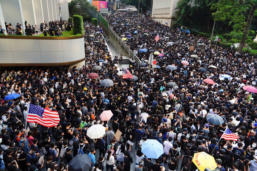 Thousands of protesters march on the streets of Hong Kong.
