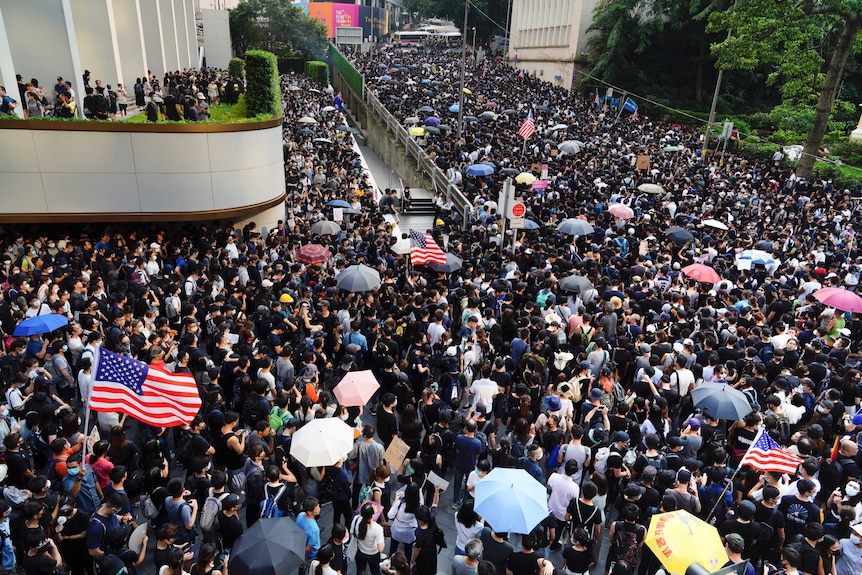 Thousands of protesters march on the streets of Hong Kong.