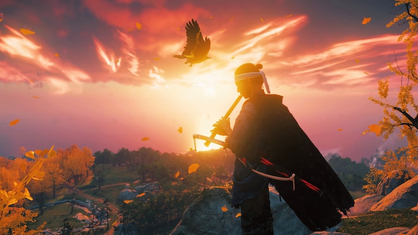 A scene from Ghost of Tsushima, where a samurai plays a wooden flute while overlooking a field during sunset.