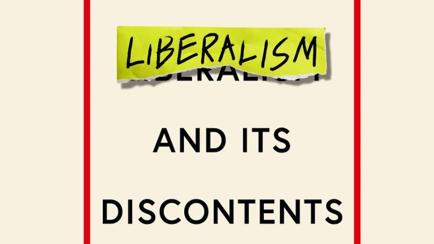 Cover of Francis Fukuyama's book Liberalism and Its Discontents - light tan colour background with orange rectangle boarder