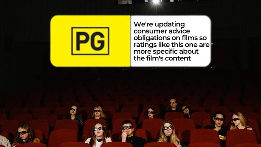 A graphic shows young people at a cinema, while a PG rating hovers over them.