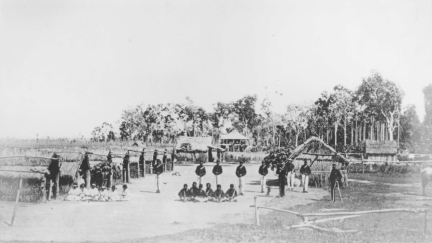 White officers and Aboriginal troopers and their wives at the Lower Herbert NMP camp in north Queensland.