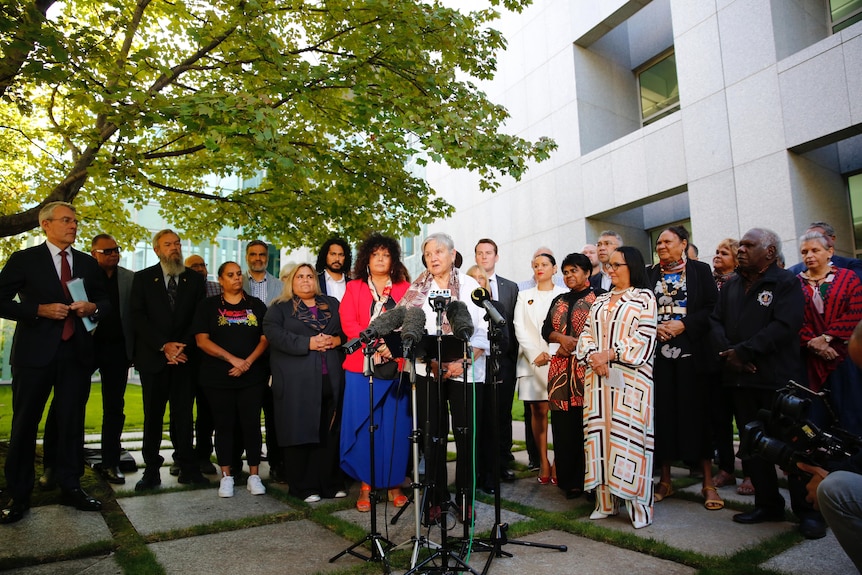 Pat Anderson speaks in a parliament courtyard, surrounded by other advocates and government politicians.