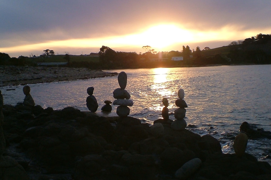 Rock sculptures and a sunset