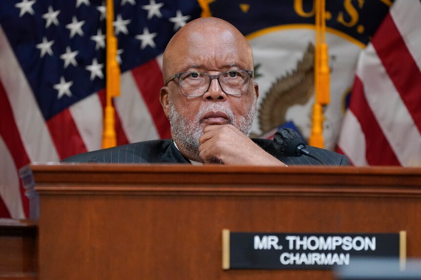 Chairman Bennie Thompson, D-Miss, sittign and listening with his hand on his cheek.