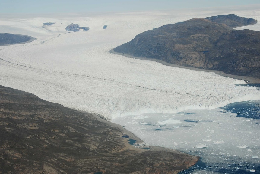 A glacier in Greenland from the air.