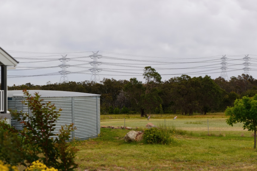 Artist impression of power lines running near a farm property. 