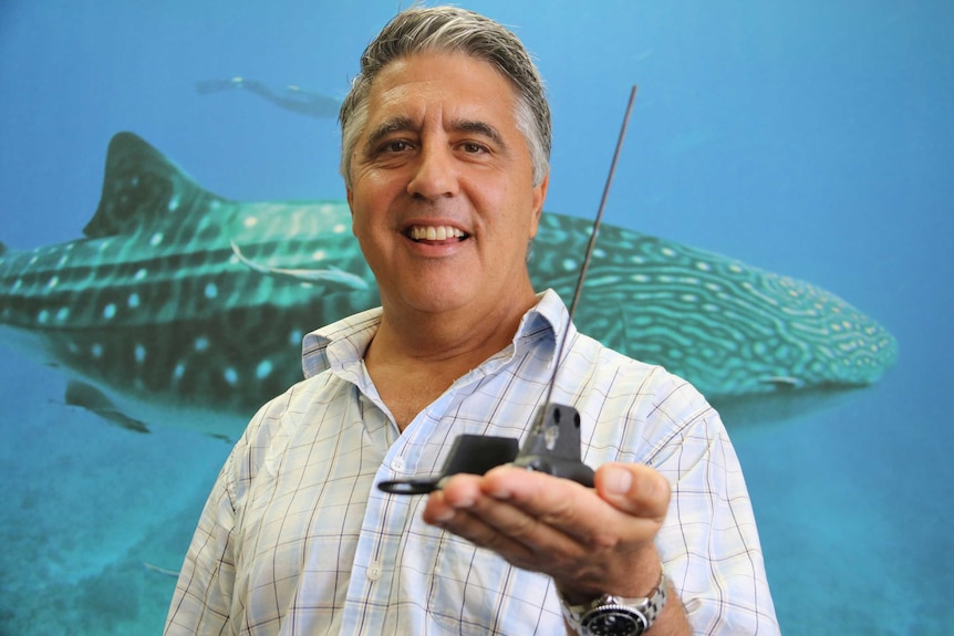 A picture of a man in a shirt standing in front of a poster of a whale shark, holding a satellite tag and smiling.