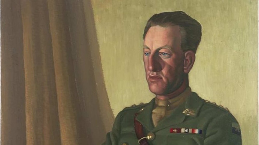 A half length portrait of Captain Albert Jacka, who is seated and wearing full uniform, painted by artist Colin Gill.