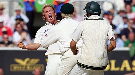 A jubilant Shane Warne dismissed Andrew Flintoff caught and bowled