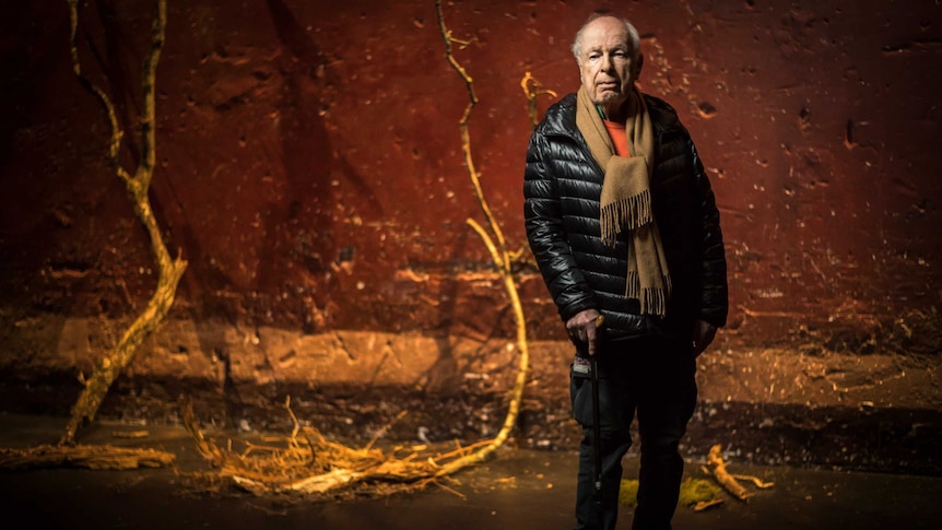 Peter Brook stands in front of a distressed red concrete wall lined with yellow tree branches and looks at the camera.