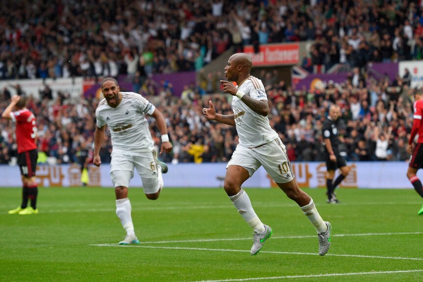 Andre Ayew scores against Manchester United
