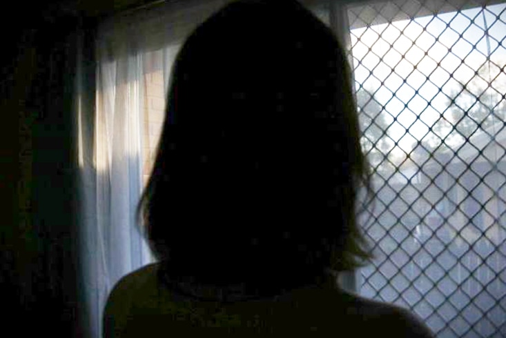 A silhouette of a woman facing a window
