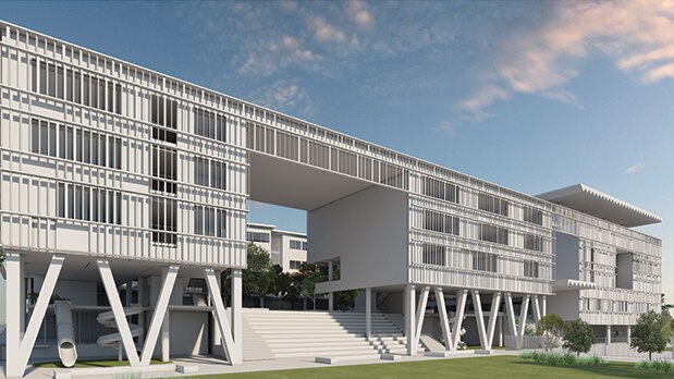 Artist impression of white vertical school on grassy area with blue sky