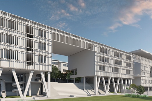 Artist impression of white vertical school on grassy area with blue sky