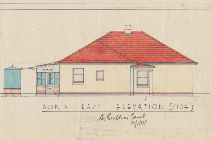 A drawing of a house showing a typical sleep out with flywire windows at the back of the building.