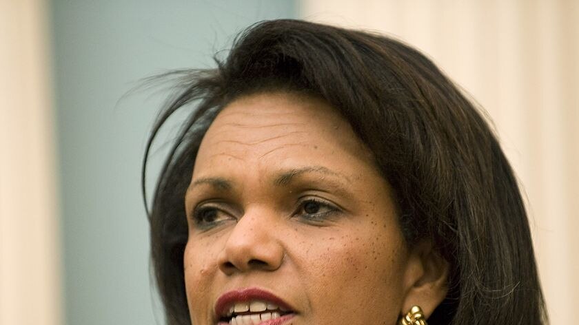 US Secretary of State Condoleezza Rice speaks to the press
