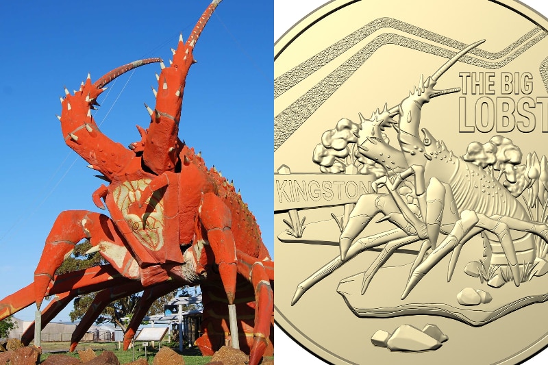 A giant lobster sculpture beside a gold coin featuring a lobster. 