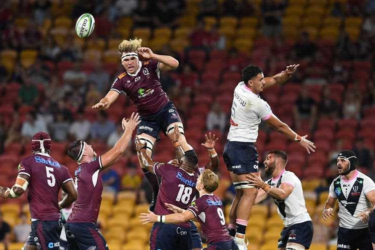 A ruby union line out with two players lifted into the air.