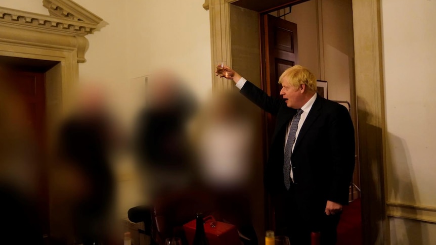 Prime Minister Boris Johnson toasting during an event held in Downing Street.